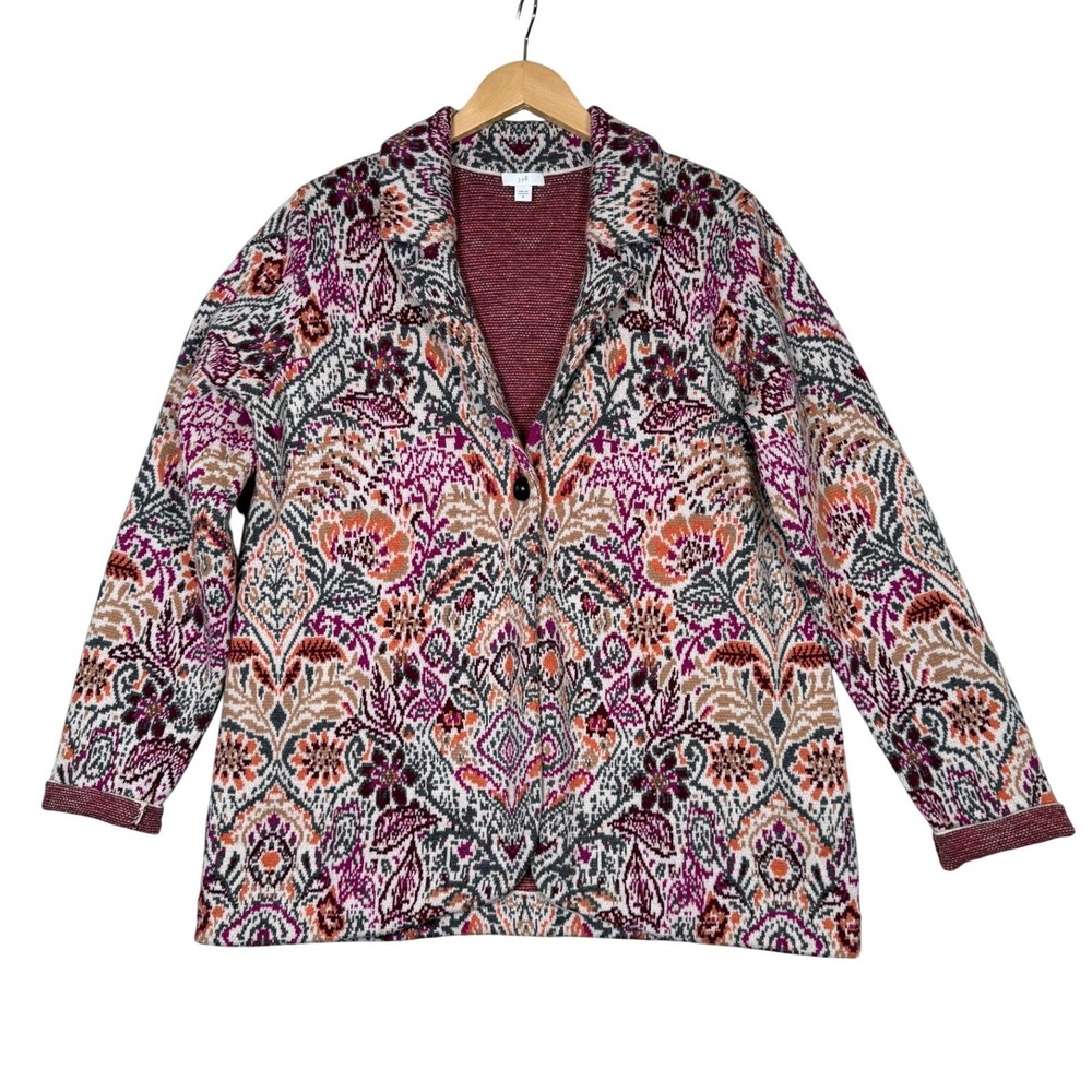 J. Jill Cardigan Sweater Jacket Medium Fall Colors Paisley Knit Blazer